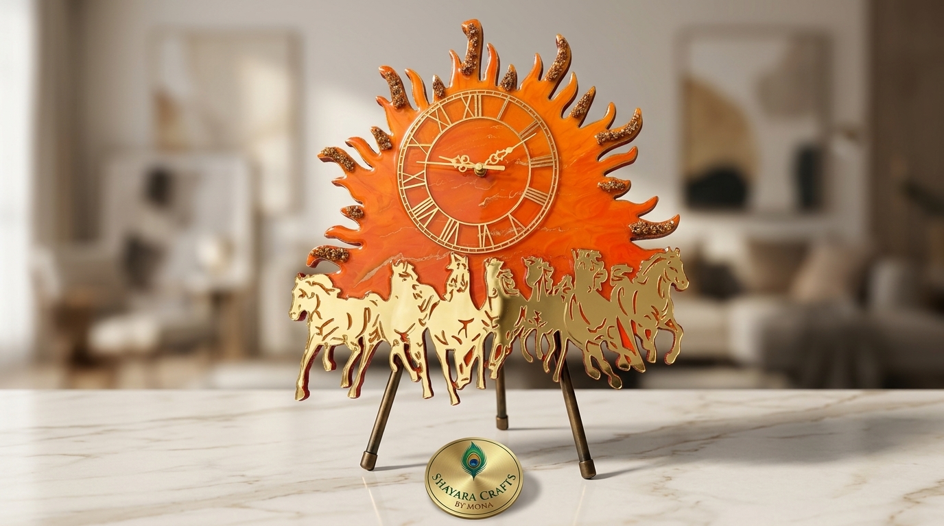 7 Horses Sun Wall Clock — handmade resin art personalized gift Delhi NCR | Shayara Crafts